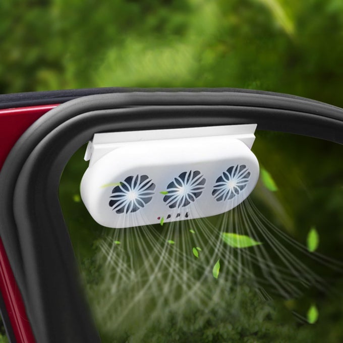 Solar Powered Exhaust Fan for Car Window Vehicle Ventilation Fan with Three Air Outlet White