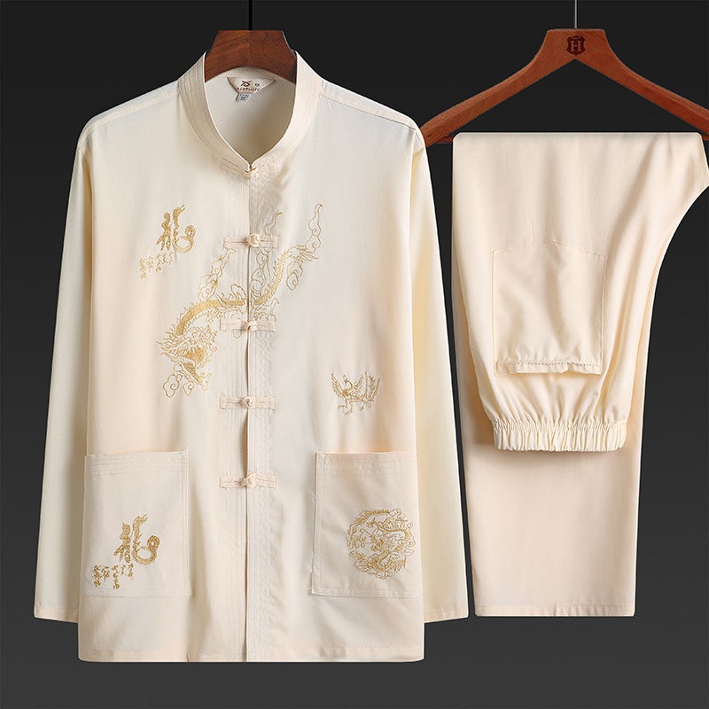 Middle-Aged And Elderly People'S Grandpa Tang Suit Men'S Long-Sleeved Shirt Chinese Embroidered Dad'S Morning Exercise Clothes Hanfu Summer - Image 2