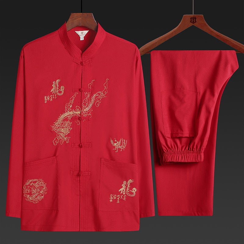 Middle-Aged And Elderly People'S Grandpa Tang Suit Men'S Long-Sleeved Shirt Chinese Embroidered Dad'S Morning Exercise Clothes Hanfu Summer - Image 3