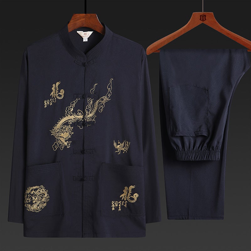 Middle-Aged And Elderly People'S Grandpa Tang Suit Men'S Long-Sleeved Shirt Chinese Embroidered Dad'S Morning Exercise Clothes Hanfu Summer - Image 4