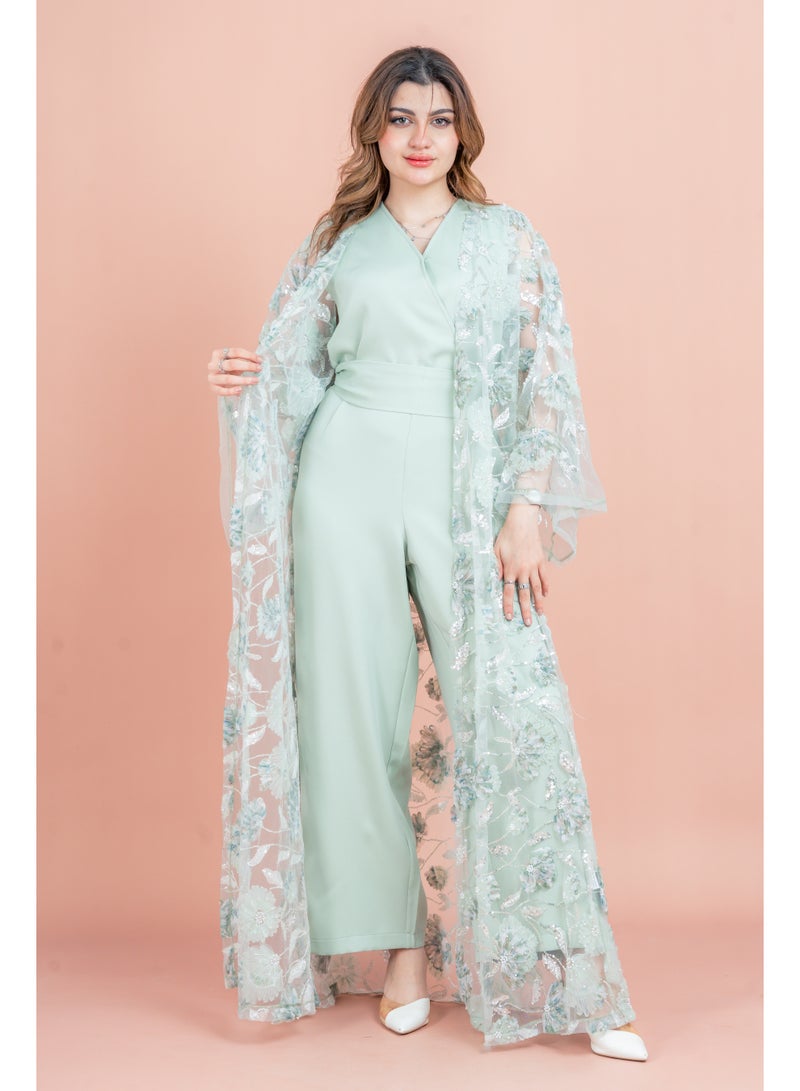 اكسا عباية عصرية نقوش زهور متناسقة IK1054 اخضر - Image 1