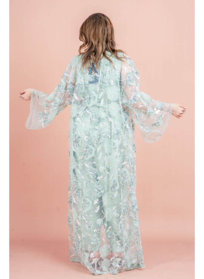 اكسا عباية عصرية نقوش زهور متناسقة IK1054 اخضر - Image 4