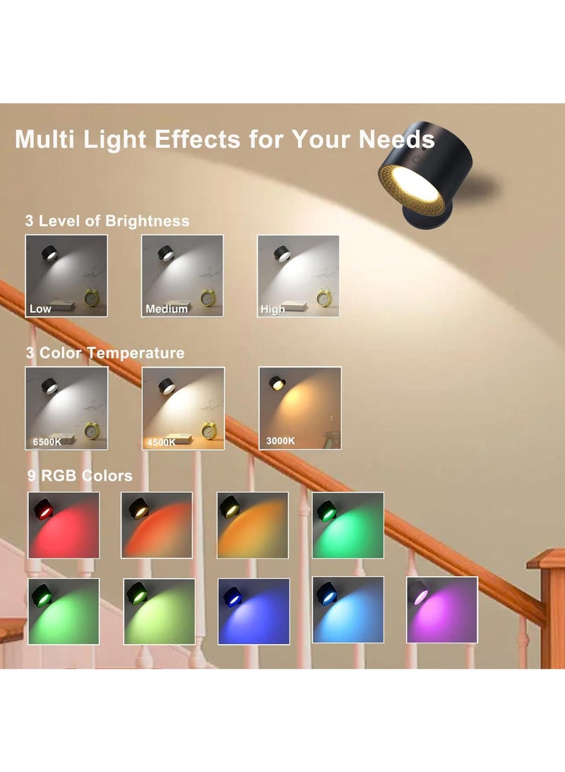 Y&D Wall Mounted Lights, RGB Wall Sconces Lamp Rechargeable Battery Operated, 3 Color Temperatures & Dimmable Magnetic 360° Rotation Cordless Light for Bedroom Living Room 2pcs  - Image 2