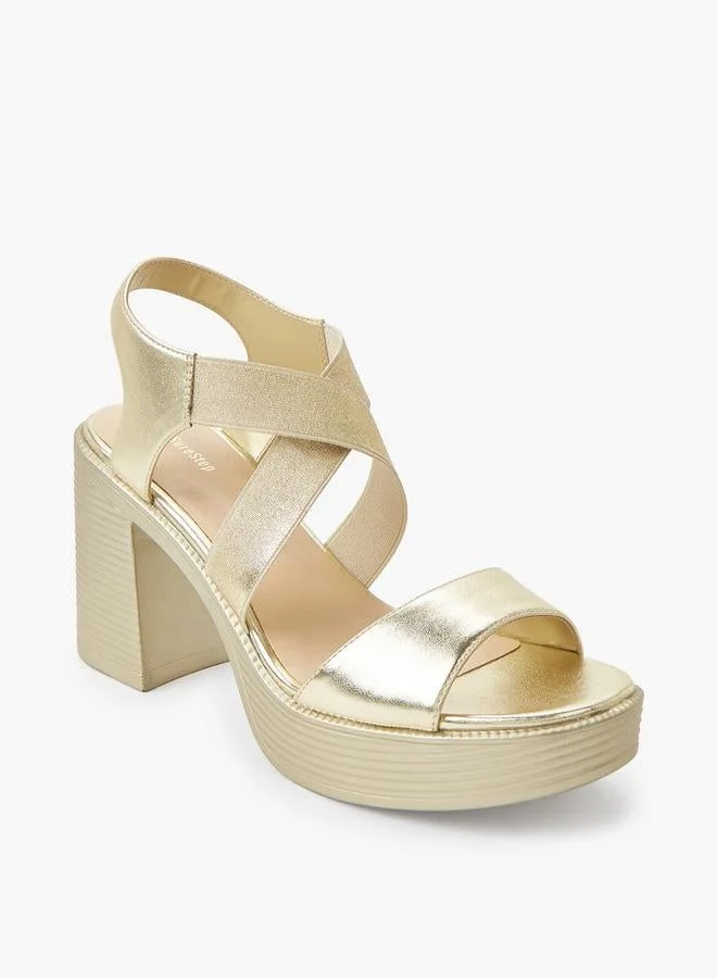 شور ستيب Women Lightweight Metallic Block Heel Sandals With Elastic Cross Straps