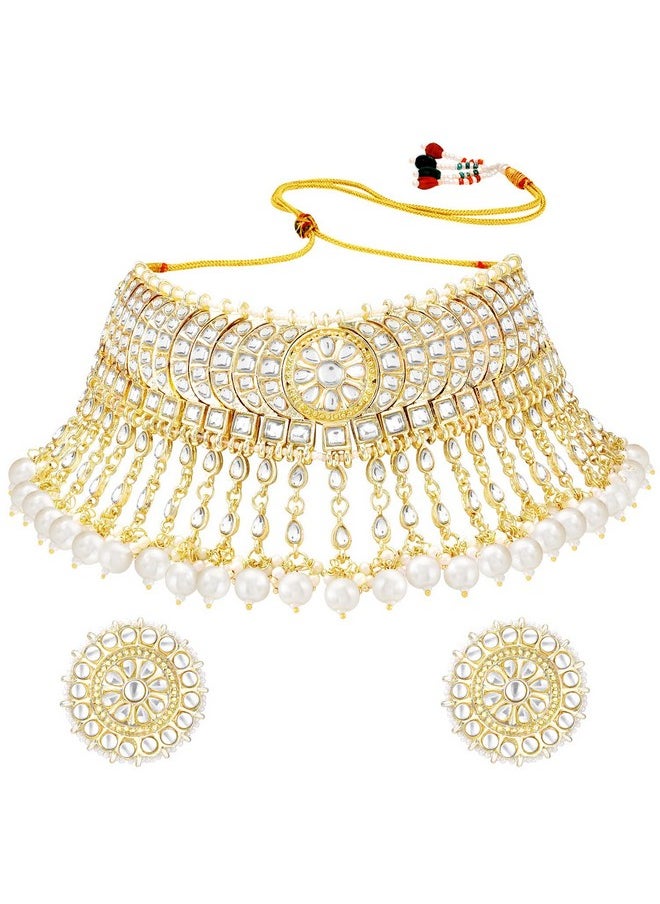 I Jewels I Jewels Gold Plated Traditional Kundan & Pearl Studded Bridal Choker Necklace With Round Earrings Jewellery Set For Women (K7210W)  - Image 1