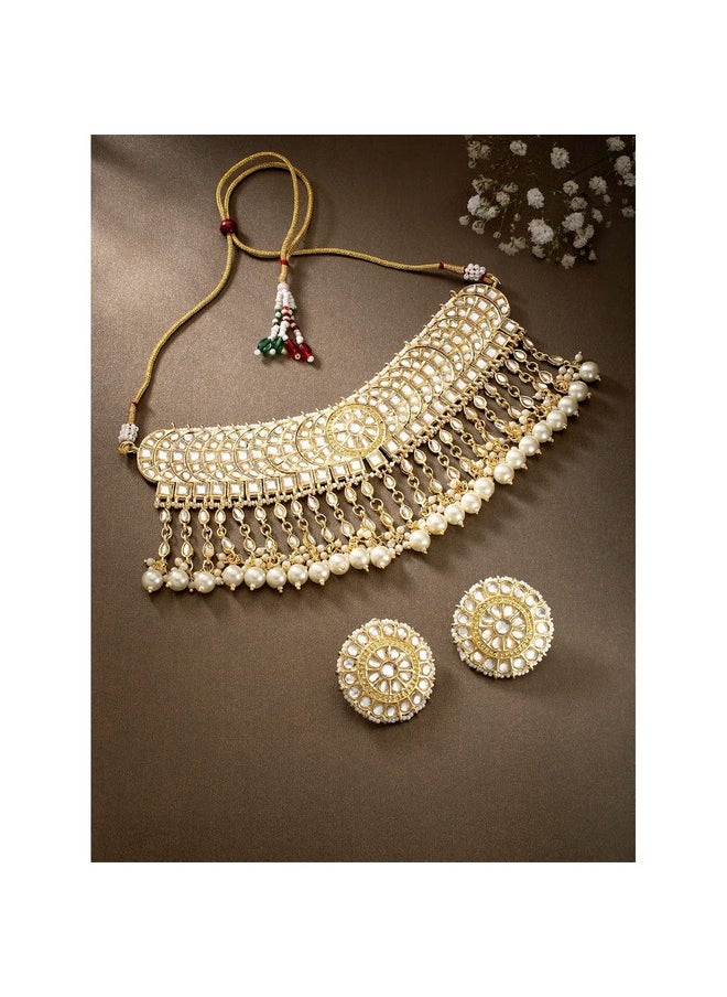 I Jewels I Jewels Gold Plated Traditional Kundan & Pearl Studded Bridal Choker Necklace With Round Earrings Jewellery Set For Women (K7210W)  - Image 2