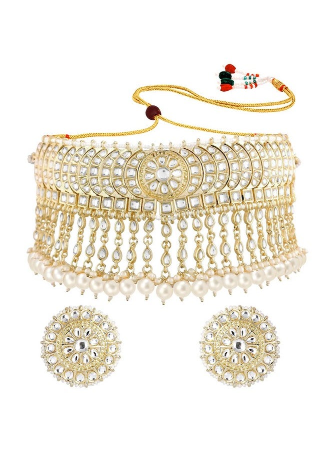 I Jewels I Jewels Gold Plated Traditional Kundan & Pearl Studded Bridal Choker Necklace With Round Earrings Jewellery Set For Women (K7210W)  - Image 5