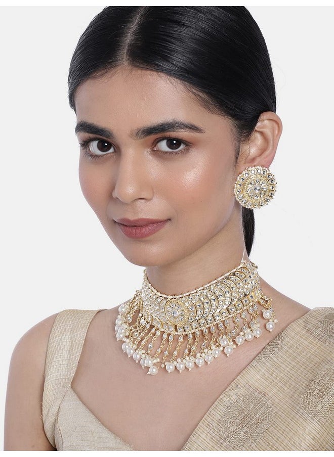 I Jewels I Jewels Gold Plated Traditional Kundan & Pearl Studded Bridal Choker Necklace With Round Earrings Jewellery Set For Women (K7210W)  - Image 4