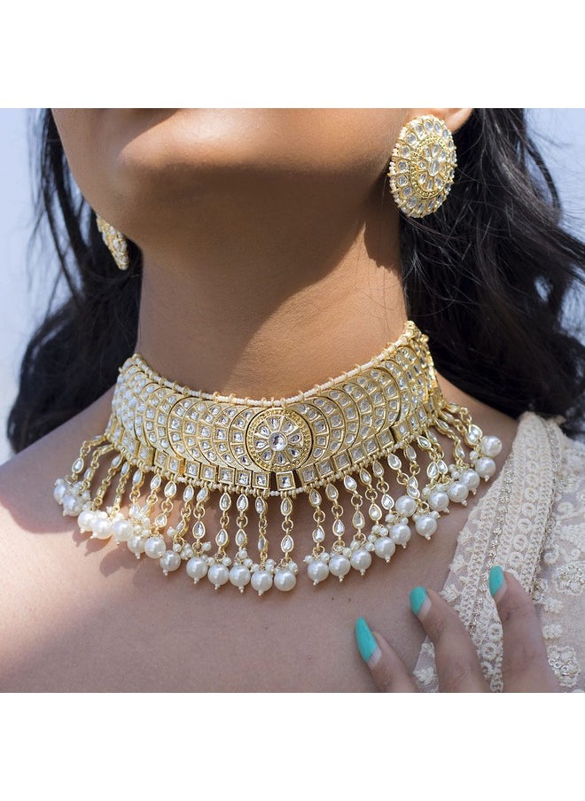 I Jewels I Jewels Gold Plated Traditional Kundan & Pearl Studded Bridal Choker Necklace With Round Earrings Jewellery Set For Women (K7210W)  - Image 3