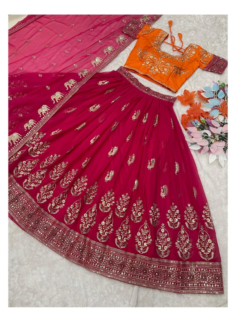 جــرابــمـــا نــتــرا   ليهانجا جاهزة للارتداء باللون الوردي مع عمل متسلسل مع دوباتا وردية بالإضافة إلى بلوزة برتقالية مخيطة بالكامل - Image 1