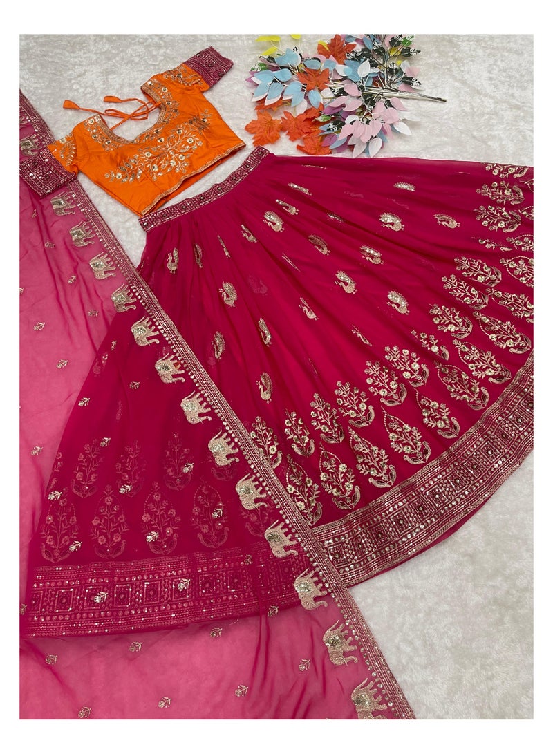 جــرابــمـــا نــتــرا   ليهانجا جاهزة للارتداء باللون الوردي مع عمل متسلسل مع دوباتا وردية بالإضافة إلى بلوزة برتقالية مخيطة بالكامل - Image 4