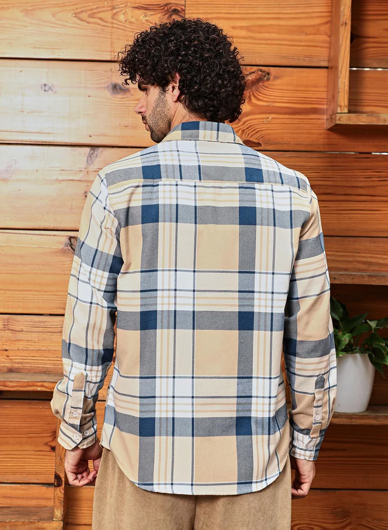 Campus Sutra Men's Buff Beige & Indigo Blue Maxi-Plaid Relaxed Shirt