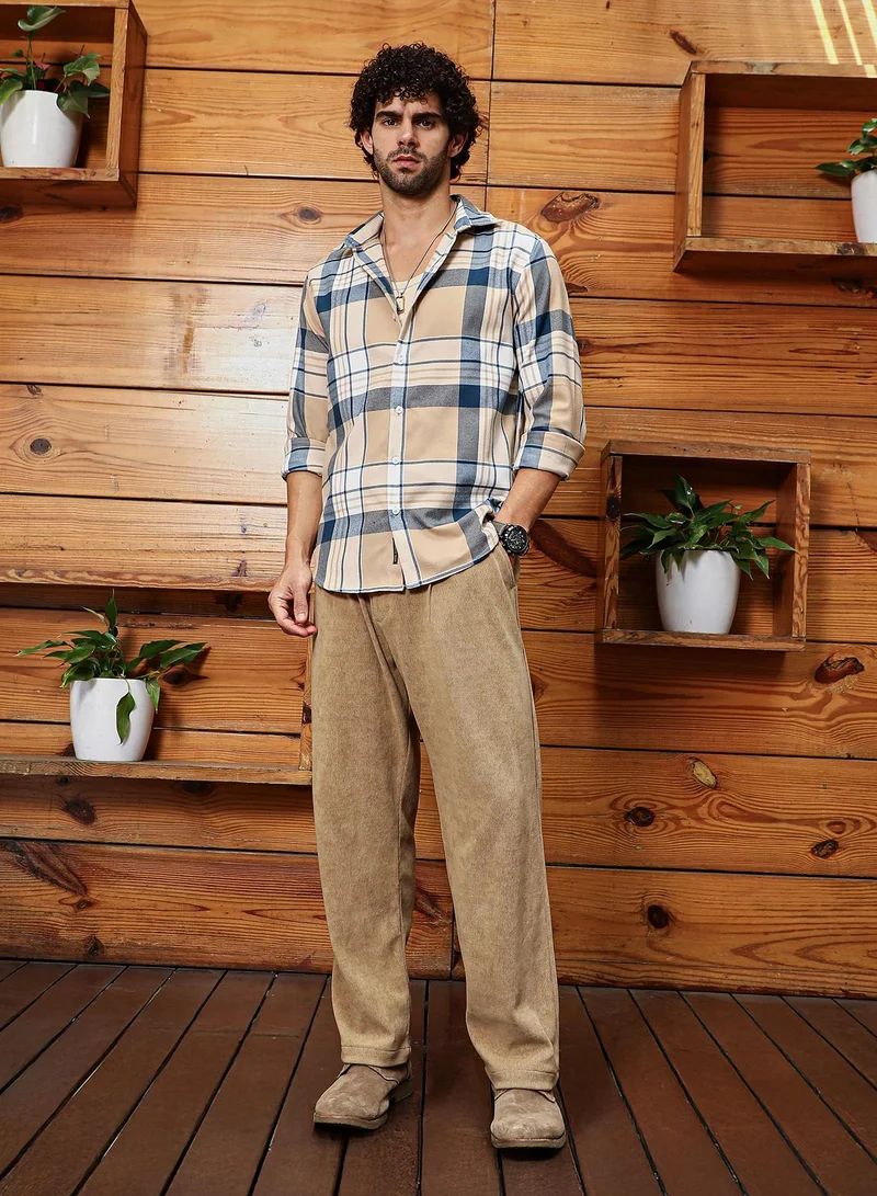 Campus Sutra Men's Buff Beige & Indigo Blue Maxi-Plaid Relaxed Shirt