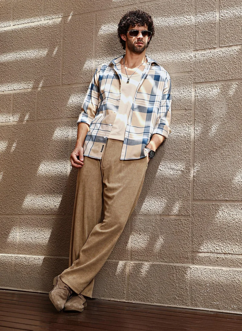 Campus Sutra Men's Buff Beige & Indigo Blue Maxi-Plaid Relaxed Shirt