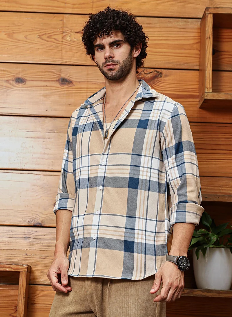 Campus Sutra Men's Buff Beige & Indigo Blue Maxi-Plaid Relaxed Shirt