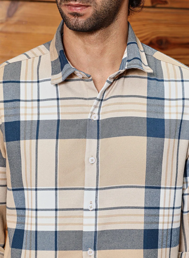 Campus Sutra Men's Buff Beige & Indigo Blue Maxi-Plaid Relaxed Shirt