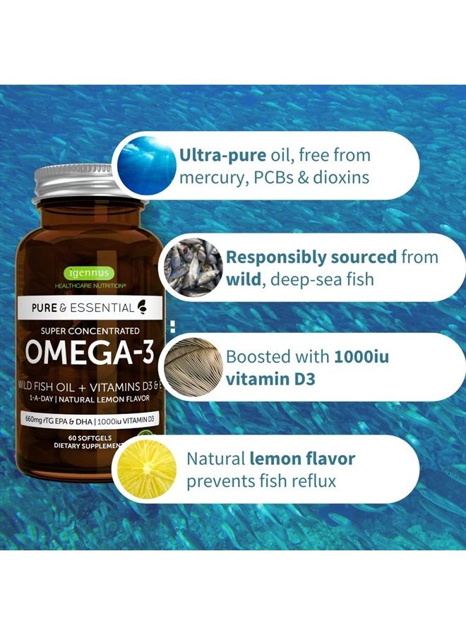 Igennus Healthcare Nutrition Pure & Essential Omega-3 & D3 1000iu, Fast-Acting rTG, Support Eyes, Heart & Brain Function, 1-a-Day, Highly Concentrated EPA & DHA Wild Fish Oil, Non-GMO, 60 Softgels  - Image 3