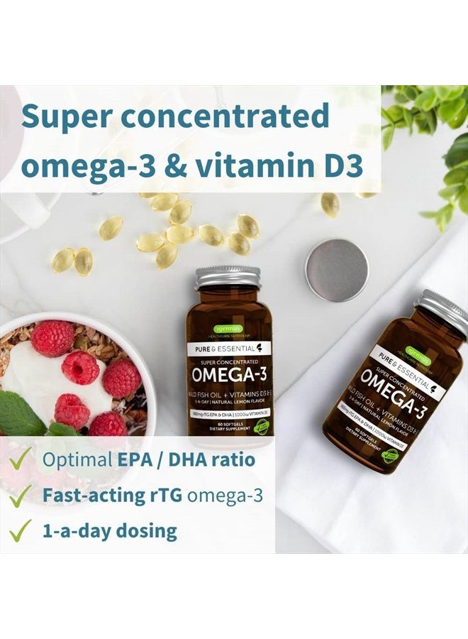 Igennus Healthcare Nutrition Pure & Essential Omega-3 & D3 1000iu, Fast-Acting rTG, Support Eyes, Heart & Brain Function, 1-a-Day, Highly Concentrated EPA & DHA Wild Fish Oil, Non-GMO, 60 Softgels  - Image 2