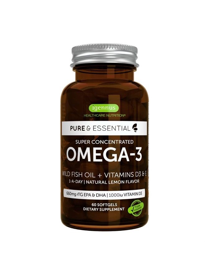 Igennus Healthcare Nutrition Pure & Essential Omega-3 & D3 1000iu, Fast-Acting rTG, Support Eyes, Heart & Brain Function, 1-a-Day, Highly Concentrated EPA & DHA Wild Fish Oil, Non-GMO, 60 Softgels  - Image 1