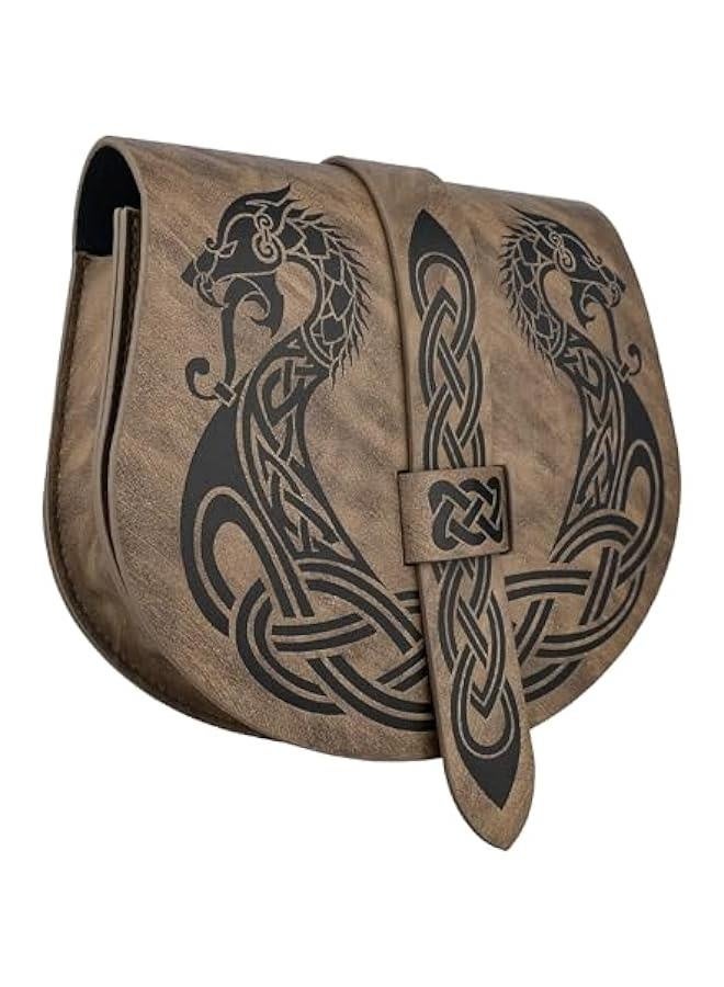 Viking Embossed Langskip Belt Pouch, Medieval Faux Leather Flap Saddle Side Bag Purses, Retro Portable Belt Bag (Brown A) - Image 1