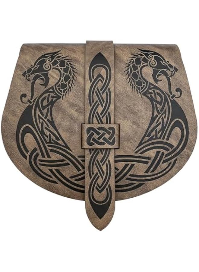Viking Embossed Langskip Belt Pouch, Medieval Faux Leather Flap Saddle Side Bag Purses, Retro Portable Belt Bag (Brown A) - Image 2