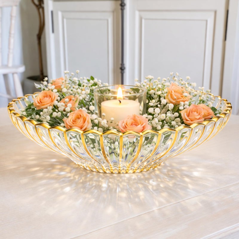 Yiyiring Gold Large Decorative Bowl 12'' Hand-painted Ruffle Decorative Bowl Glass Fruit Bowls Crystal Key Bowls Modern for Counter Home Decoration Table Centerpiece Kitchen Dining Room(Flat) - Image 2