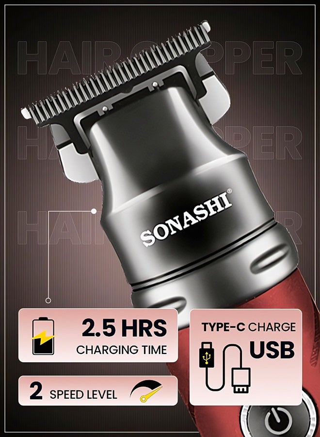 SONASHI Professional T-Blade Hair & Beard Trimmer, Ceramic S/S Blade, Digital LCD, 2000mAh Lithium Battery, 4 Hours Use, USB Type-C Charging, 3 Comb Attachments SHC-1065 Maroon red - Image 3