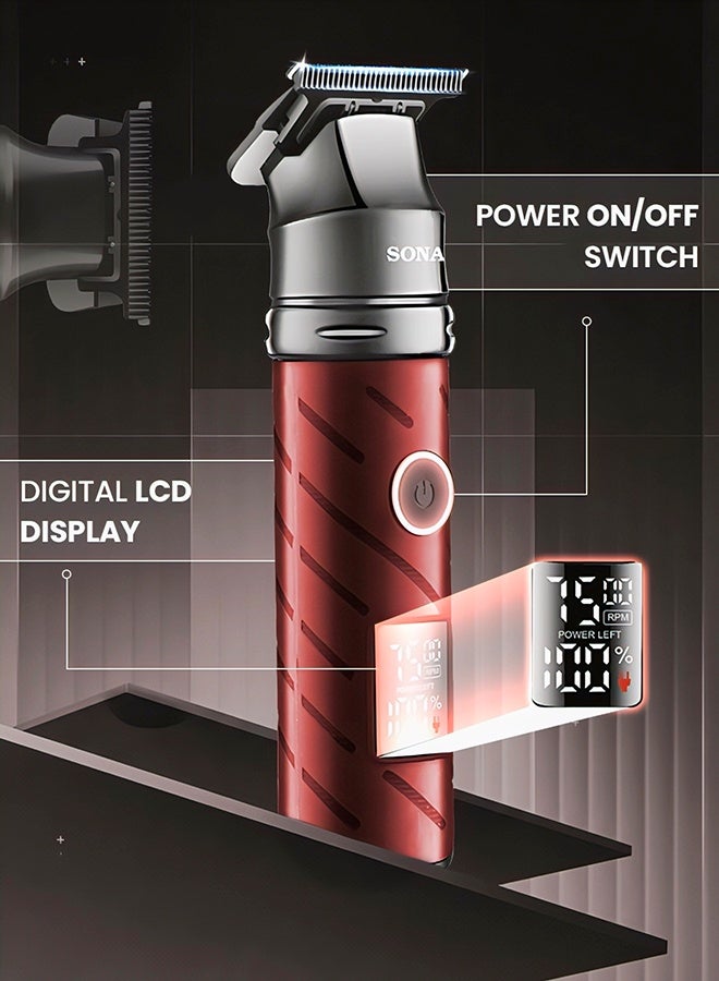 SONASHI Professional T-Blade Hair & Beard Trimmer, Ceramic S/S Blade, Digital LCD, 2000mAh Lithium Battery, 4 Hours Use, USB Type-C Charging, 3 Comb Attachments SHC-1065 Maroon red - Image 2