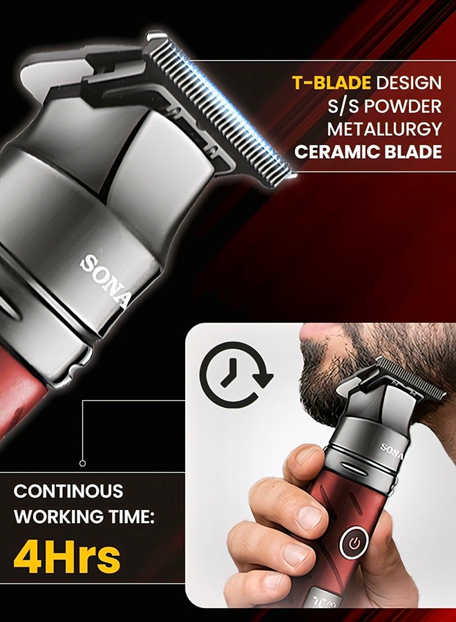 SONASHI Professional T-Blade Hair & Beard Trimmer, Ceramic S/S Blade, Digital LCD, 2000mAh Lithium Battery, 4 Hours Use, USB Type-C Charging, 3 Comb Attachments SHC-1065 Maroon red - Image 4
