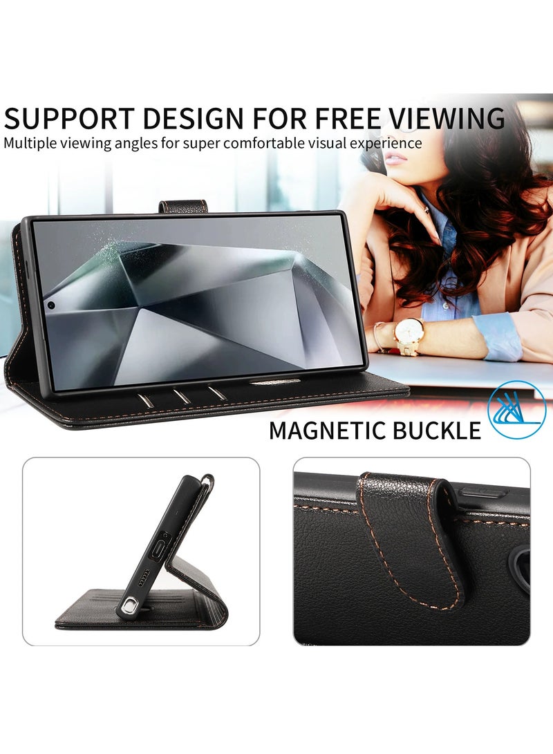 general Samsung Galaxy S25 Ultra Case Genuine Leather Wallet Case Magnetic Buckle Cases Card Holder Shockproof Flip Cover - Black - Image 3