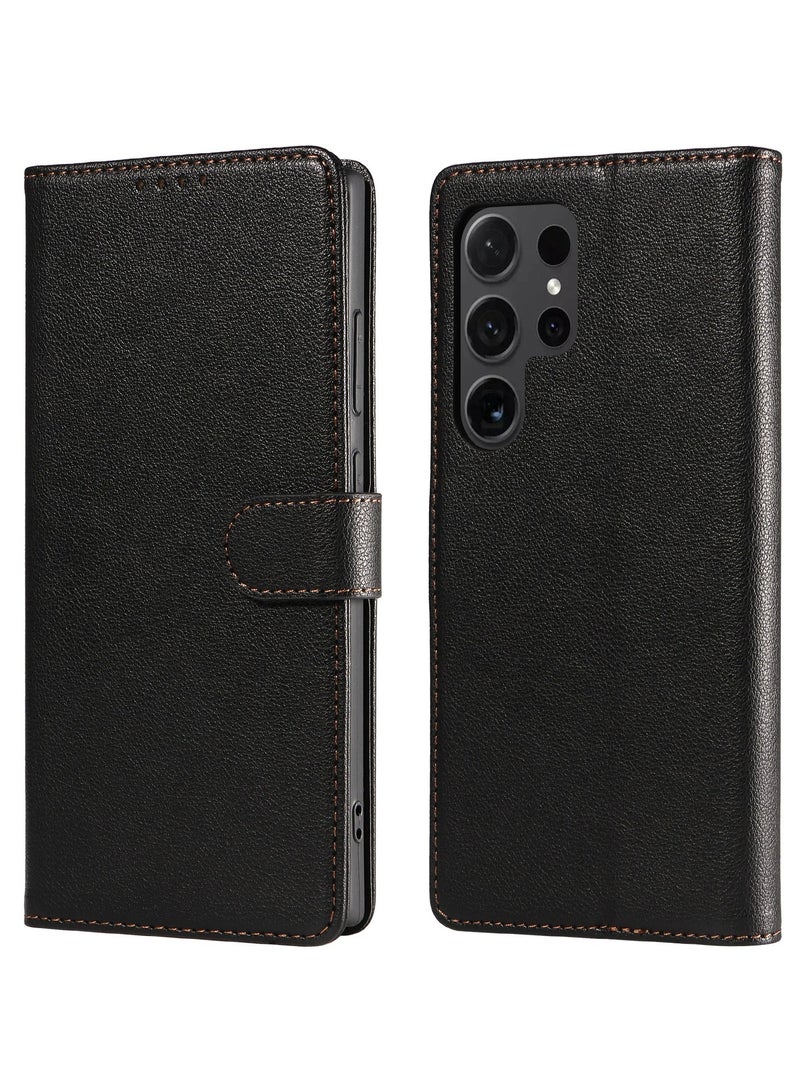 general Samsung Galaxy S25 Ultra Case Genuine Leather Wallet Case Magnetic Buckle Cases Card Holder Shockproof Flip Cover - Black - Image 2