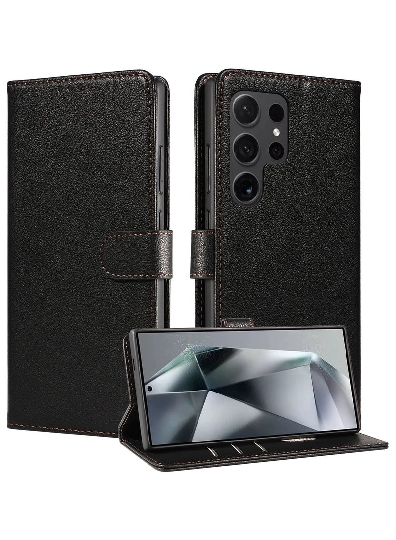 general Samsung Galaxy S25 Ultra Case Genuine Leather Wallet Case Magnetic Buckle Cases Card Holder Shockproof Flip Cover - Black - Image 1
