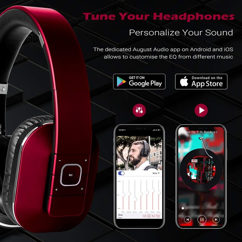 August EP650 Bluetooth Wireless Over-Ear Headphones with aptX Low Latency, NFC, Multipoint Pairing, Wired Option, Built-in Microphone - Red - Image 2