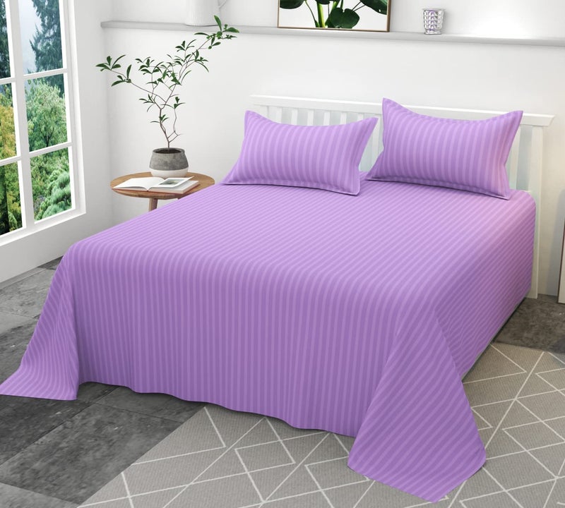 Hardeep 300TC Glace Cotton Plain Stripe Queen Size Double Bedsheet with 2 Pillow Cover for Home, Hotel, Guest Room (90 X 100) Inch Light Purple, Pack 1 - Image 1