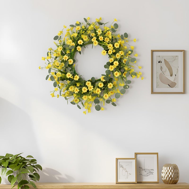 Pinkpum 22 Inch Yelllow Daisy Eucalyptus Wreath, Artificial Spring Summer Floral Wreath for Front Door, Farmhouse Wedding Wall Window Decor - Image 5