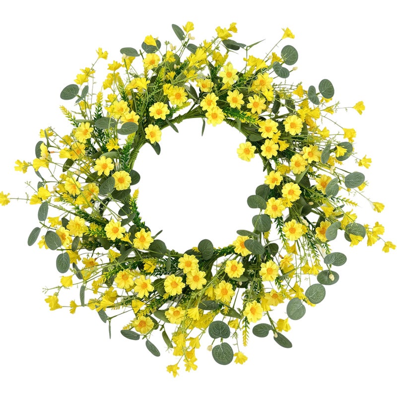 Pinkpum 22 Inch Yelllow Daisy Eucalyptus Wreath, Artificial Spring Summer Floral Wreath for Front Door, Farmhouse Wedding Wall Window Decor - Image 1