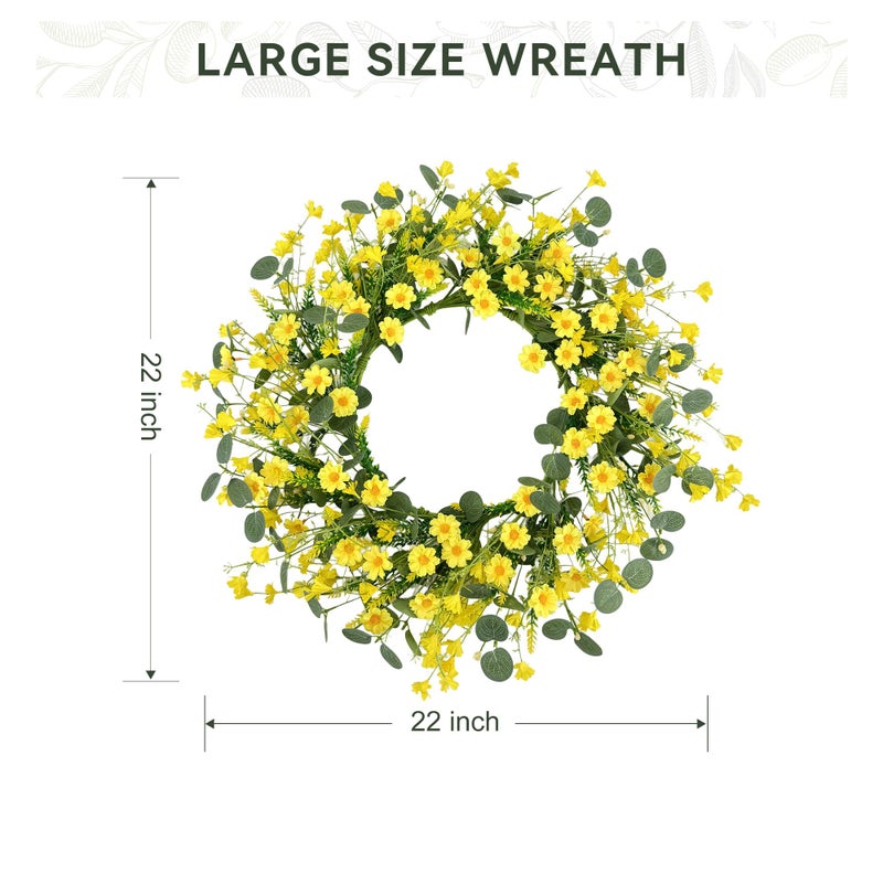 Pinkpum 22 Inch Yelllow Daisy Eucalyptus Wreath, Artificial Spring Summer Floral Wreath for Front Door, Farmhouse Wedding Wall Window Decor - Image 2