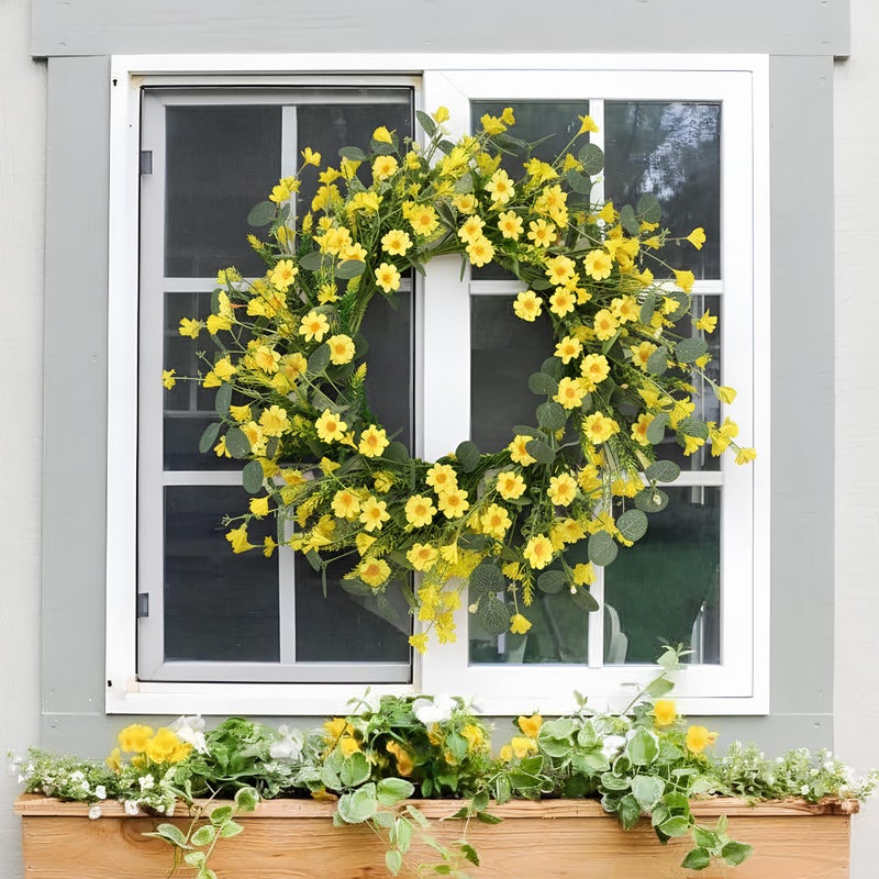 Pinkpum 22 Inch Yelllow Daisy Eucalyptus Wreath, Artificial Spring Summer Floral Wreath for Front Door, Farmhouse Wedding Wall Window Decor - Image 3