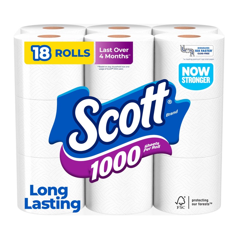Scott 1000 Toilet Paper, 18 Rolls, Septic-Safe, 1-Ply Toilet Tissue - Image 1