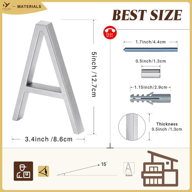YIPLED 5 Inch House Numbers for Outside, Metal Address Number A - Modern Design, Weather-Resistant Silver Powder Coated Finish, No Fading (Silver) - Image 3
