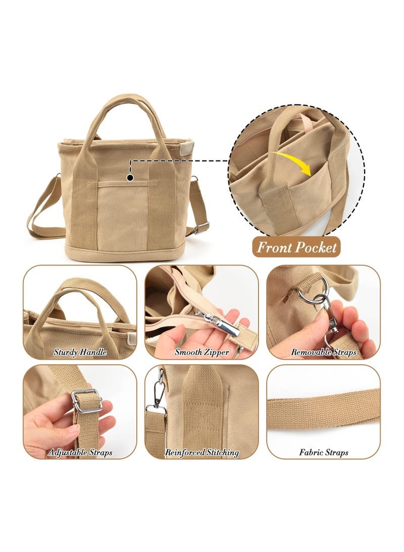 Excefore Canvas Tote Bag for Women MultiPocket Handbags Tote Purse Shoulder Bags with Zipper Large Capacity Crossbody Bag for School Shopping Travel Work Daily Use Beige - Image 4