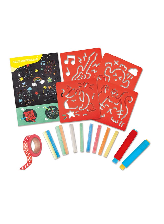Hape Chalks and Stencils Art - Colored Chalk Set and Art Activities for Kids with Jumbo and Thin Chalk, Chalk Holders, Paper Tape, Large Stencils, and Poster - Art Kit for Children Ages 3 and Up