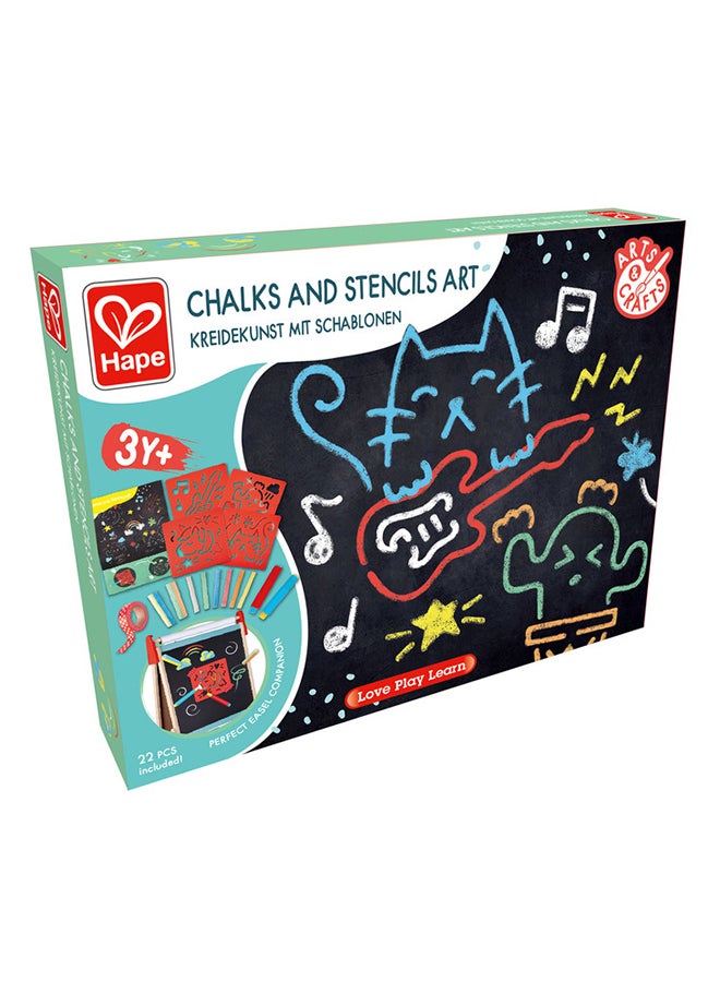 Hape Chalks and Stencils Art - Colored Chalk Set and Art Activities for Kids with Jumbo and Thin Chalk, Chalk Holders, Paper Tape, Large Stencils, and Poster - Art Kit for Children Ages 3 and Up