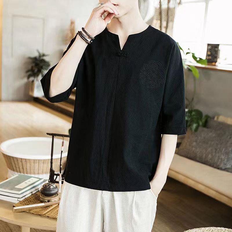 Summer plus-size fat linen T-shirt men's thin fat loose cotton linen T-shirt short sleeve breathable sweat-absorbent - Image 1