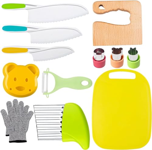 Leking 13 Pcs Wooden Kids Kitchen Knife, Kids Knife Set with Gloves Cutting Board Bear Sandwich Cutter Fruit Vegetable Cutters Serrated Edges Plastic Knifes for Real Cooking Kid Safe Knives - Image 1