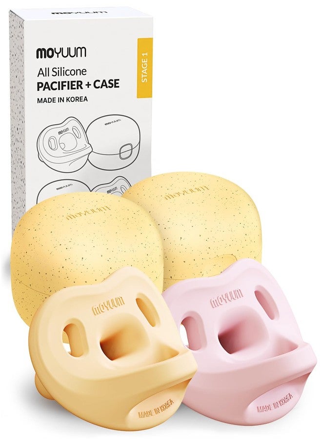 Moyuum Silicone Macaron Pacifier | Made in Korea, BPA Free One-Piece Design Baby Soother, Soft Orthodontic Shape with Air Holes, 2 Pack with Travel Case, Newborn 0-3 Months (Mango+Pink, Stage 1)
