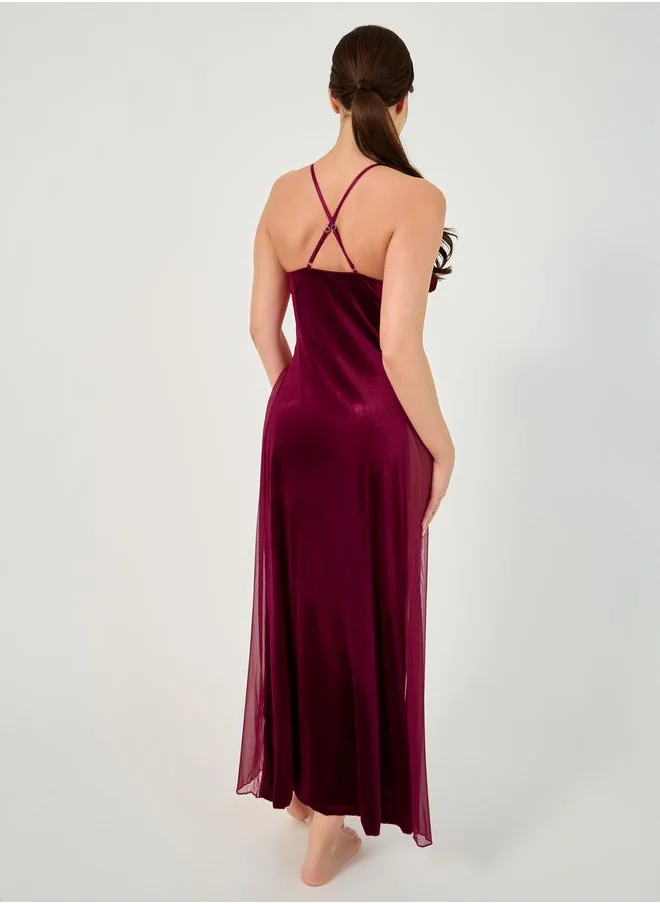 Styli Ruffle Edge Apex Strap Bow Detail Velvet and Mesh Front Slit Maxi Babydoll