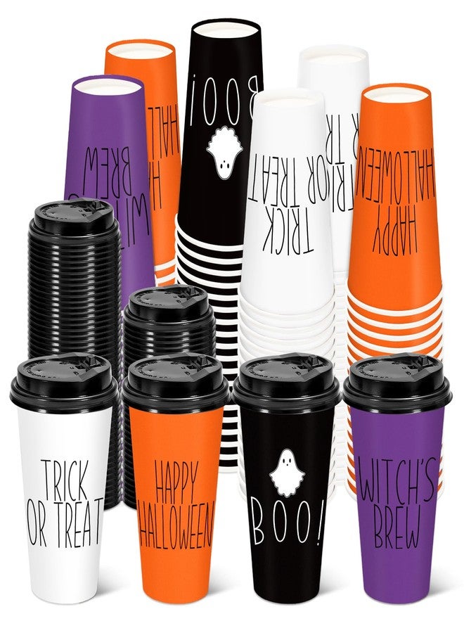 JarThenaAMCS 48 Pcs Halloween Coffee Cups with Lids 16 Oz Ghost Trick or Treat Coffee Paper Cups Disposable for Cafes Shops Cappuccino Chocolate Beverage Cocoa - Image 1