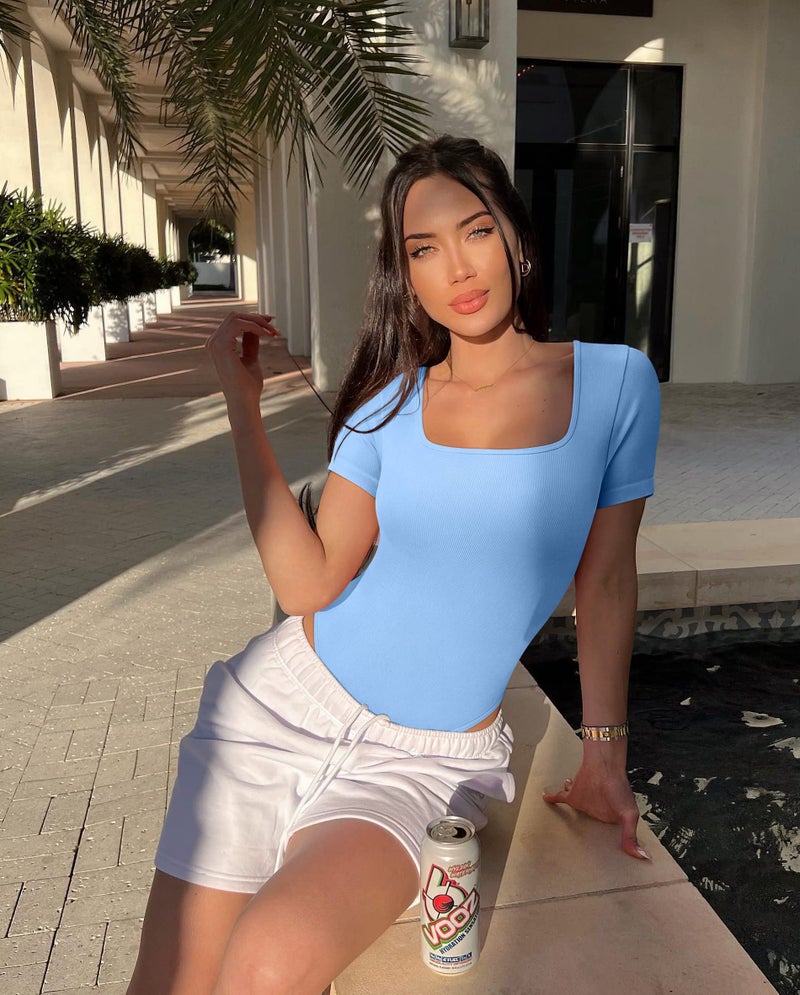 OQQ Women's 2 Piece Bodysuits Sexy Ribbed One Piece Square Neck Short Sleeve Bodysuits Candyblue White - Image 4