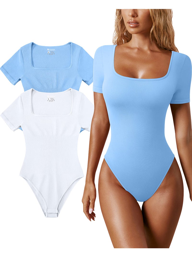 OQQ Women's 2 Piece Bodysuits Sexy Ribbed One Piece Square Neck Short Sleeve Bodysuits Candyblue White - Image 1